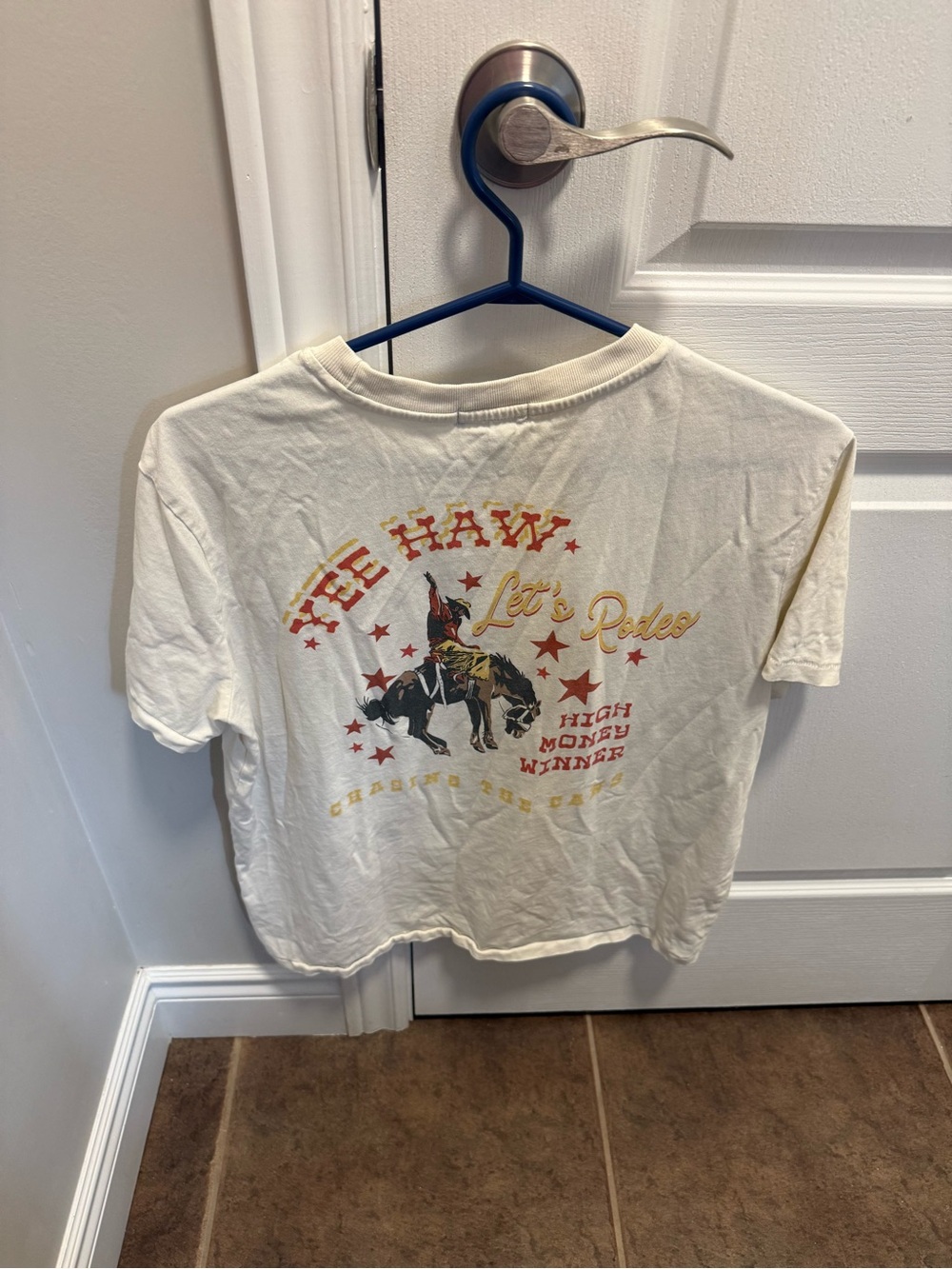Wildfox Cream Crop Tee with Pink "Rodeo" Embroidery